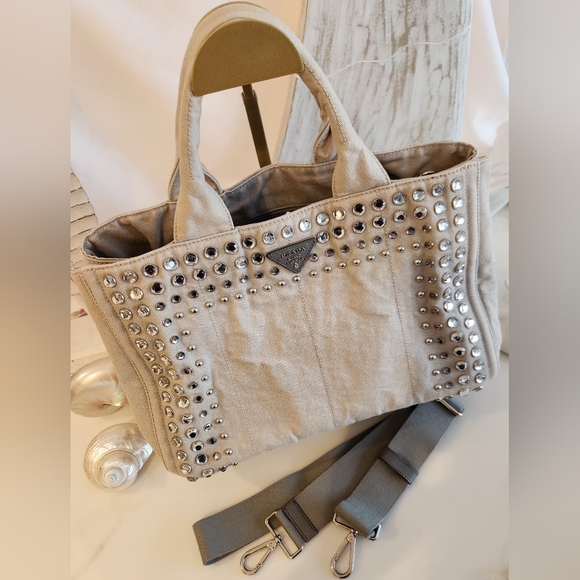 COA! Prada Canapé 2 Way Tote with crossbody strap-Grey with jewels and studs. - Picture 5 of 16